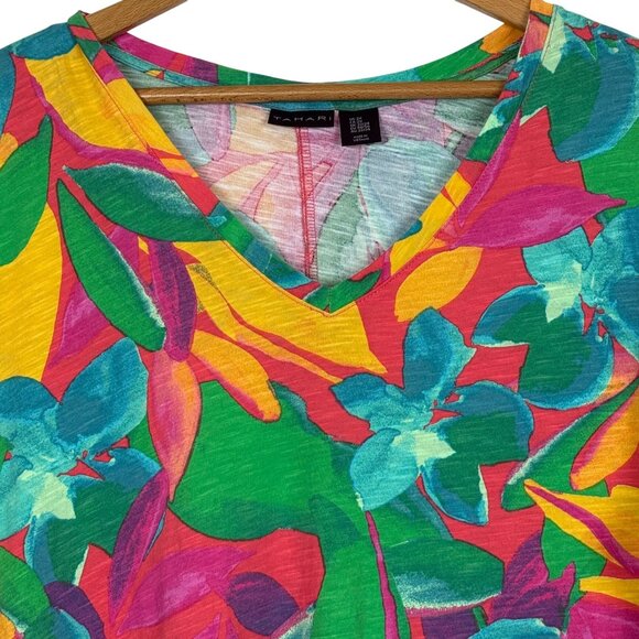 Tahari Womens Multicolor Tropical Print Top Size 2X V-Neck Short Sleeve Cotton - Picture 2 of 9